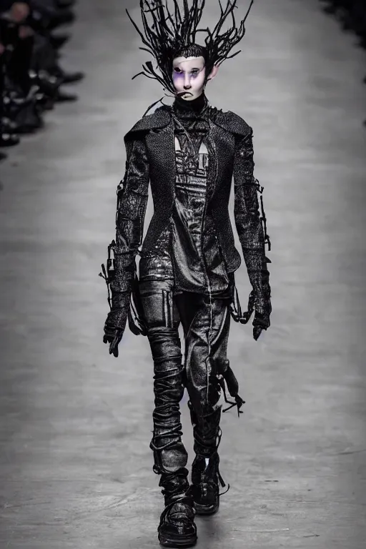 Image similar to beautiful androgynous high fashion avant garde techwear look and clothes, we can see them from feet to head, highly detailed and intricate, hypermaximalist, luxury, cinematic, rick owens, yohji yamamoto, y 3, outfit photo, trending on r / streetwear