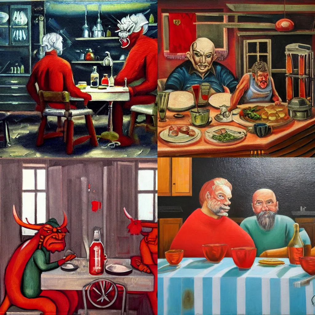 Prompt: oil painting of a soviet kitchen with a red horned demon and a graying man sitting at the table on stools. there is vodka on the table. high quality, high detail, fantasy, close-up