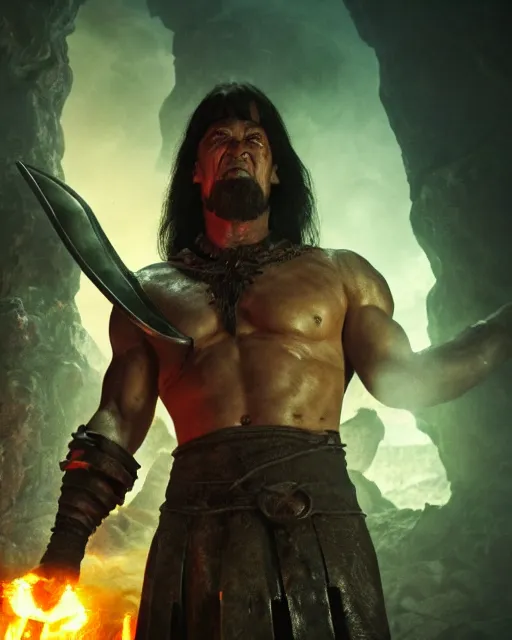 Image similar to closeup Photo of Conan the Barbarian in a lava dungeon, rim lighting, octane, Natasha Tan, Maciej Kuciara, Edgar Rice Burroughs,