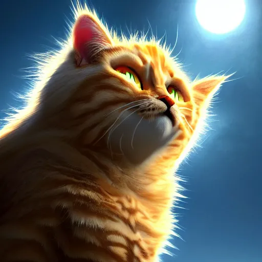 Image similar to colossal fluffy tabby cat going super saiyan, golden hour, fantasy, sharp focus, digital art, hyper realistic, 4 k, unreal engine, highly detailed, hd, dramatic lighting by brom, trending on artstation