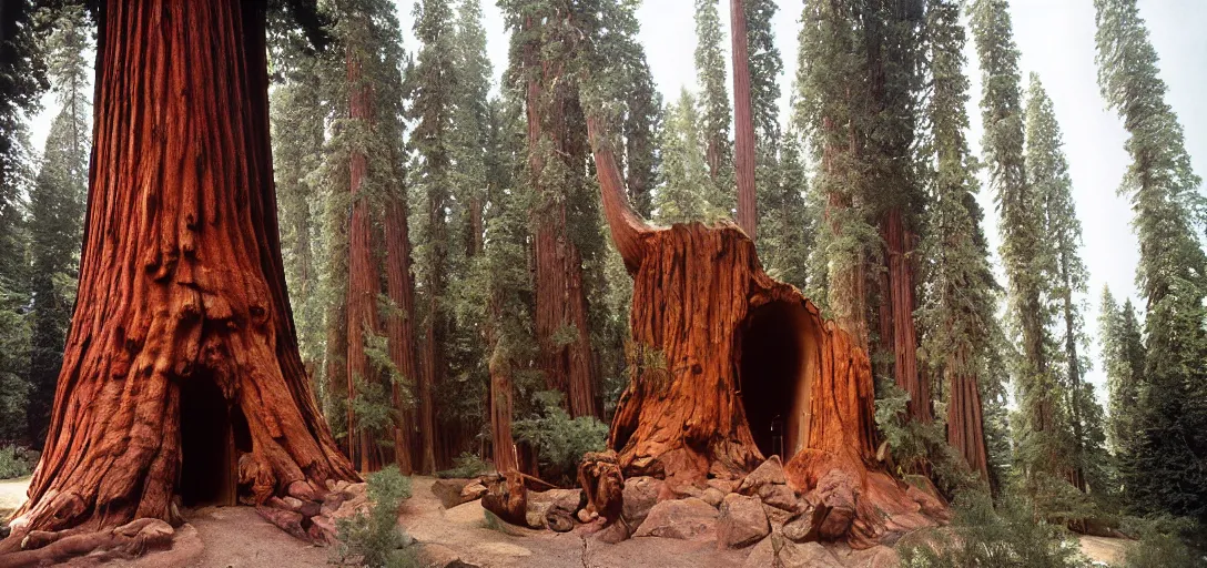 Image similar to house built into and inside a single giant sequoia. color photograph by jerry uelsmann. fujinon premista 1 9 - 4 5 mm t 2. 9. portra 8 0 0.