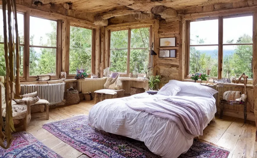 Image similar to cottage style bedroom, bright and cozy, rustic wood, bed, timberwork, lavender plants, bohemian style, large windows with a view of trees, beige, white