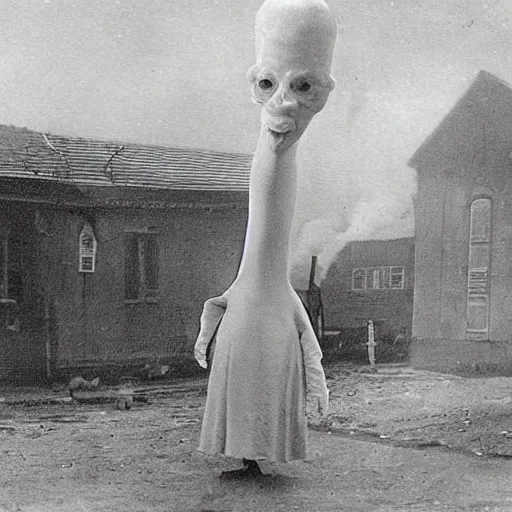 Image similar to scary unproportionally tall ghost creature in the middle of a village on fire, 1900s picture