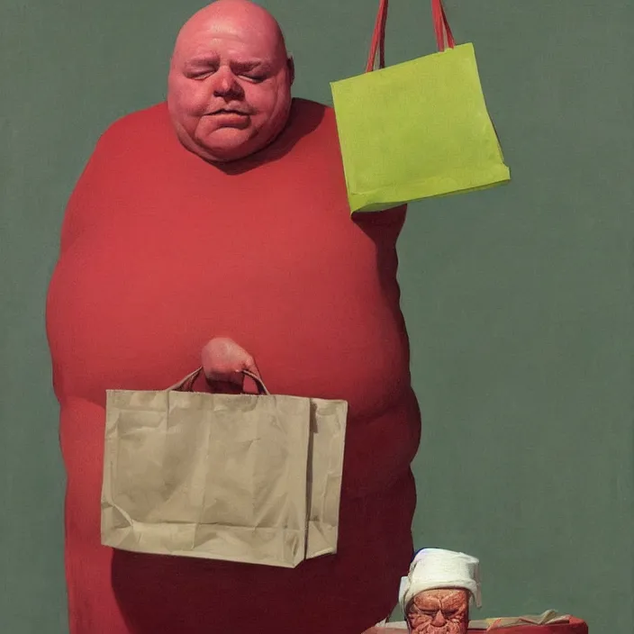 Image similar to melting old fat man portrait with a white paper bag over the head, dressed in red paper bags, holding stack of green paper bags, highly detailed, artstation, art by edward hopper, zdislav beksinski, wayne barlowe, edward hopper