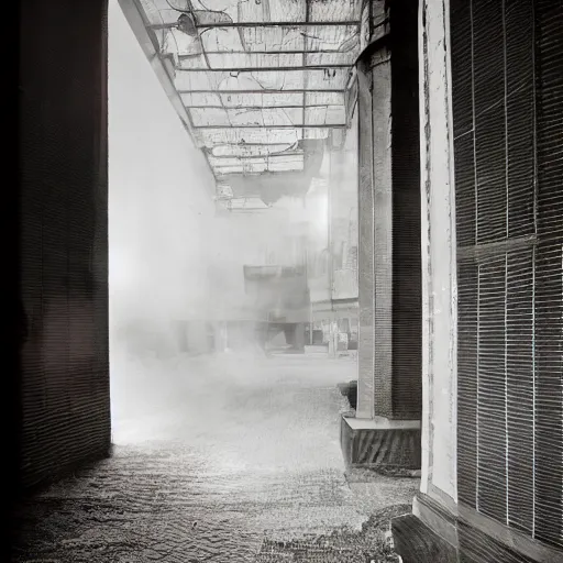 Image similar to black and white surreal photograph, highly detailed vast space made of stairsteps, sideview, detailed textures, natural light, mist, architecture photography, film grain, soft vignette, sigma 1 4 mm f / 1. 4 1 / 1 0 sec shutter, imax 7 0 mm footage