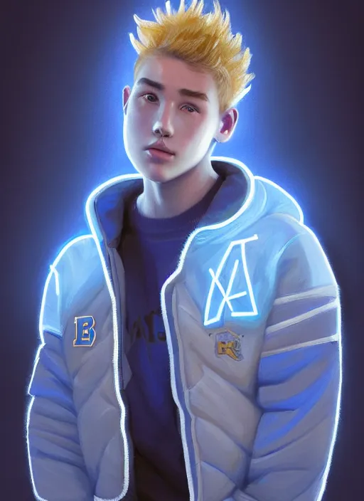 Image similar to portrait of high school senior boy named big moose, blonde short hair, jock, beefy, wide face, square jaw, square facial structure, blue varsity jacket with his name, intricate, elegant, glowing lights, highly detailed, digital painting, artstation, concept art, sharp focus, illustration, art by wlop, mars ravelo and greg rutkowski