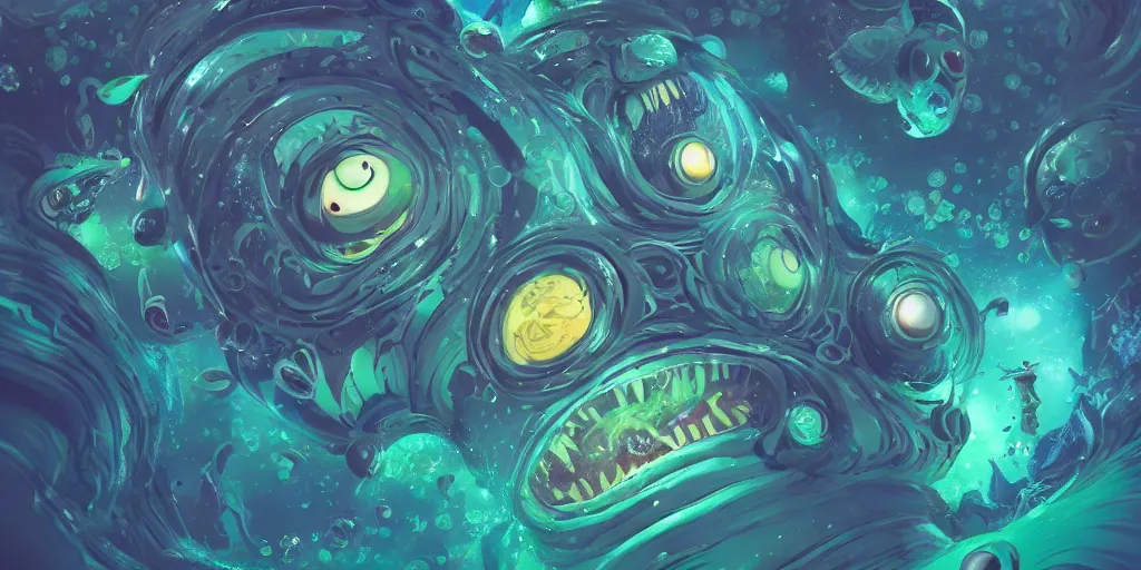 Image similar to of an intricate deep sea with strange cute friendly happy creatures with huge eyes, long tongue, round teeth and goofy funny face, appearing from the background, in the style of gehry and gaudi, macro lens, shallow depth of field, ultra detailed, digital painting, trending artstation, concept art, illustration, cinematic lighting, photorealism, epic, octane render