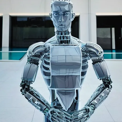 Image similar to made of ice, a realistic detailed photo of a guy who is an attractive humanoid who is half robot and half humanoid, who is a male android, on display, blank stare, showing off his muscles, shiny skin, posing like a statue, by the pool, frozen ice statue, f 1 driver pierre gasly, humanoid robot