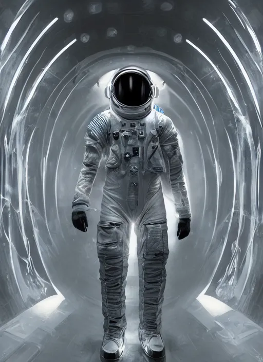 Image similar to symmetry concept art by craig mullins astronaut in futuristic dark and empty spaceship underwater. infrared glowing lights. complex and hyperdetailed technical suit. reflection and dispersion materials. rays and dispersion of light. volumetric light. 5 0 mm, f / 3 2. noise film photo. flash photography. unreal engine 4, octane render. interstellar movie art