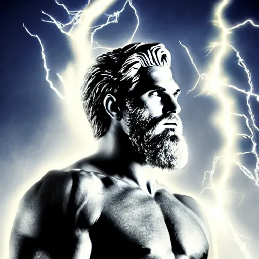 Prompt: Portrait of a godly Zeus with a strong jawline and white eyes, looking powerful, with lightning in the background