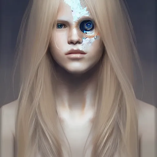 Image similar to blonde haired girl wearing a digital mask, digital art, pretty face, very beautiful face, very detailed eyes, ultra detailed, by wlop, greg rutkowski,