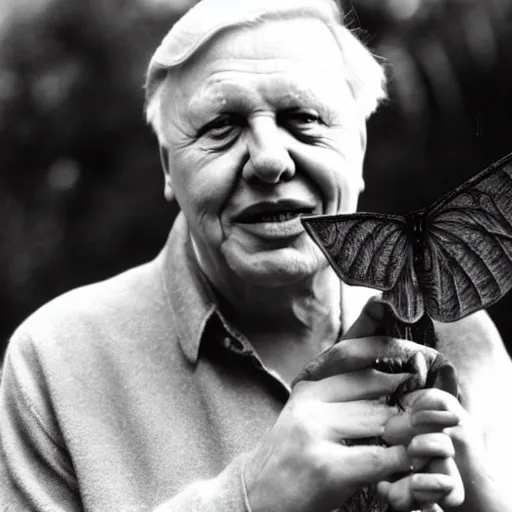 Image similar to Sir David Attenborough holding a small Mothman