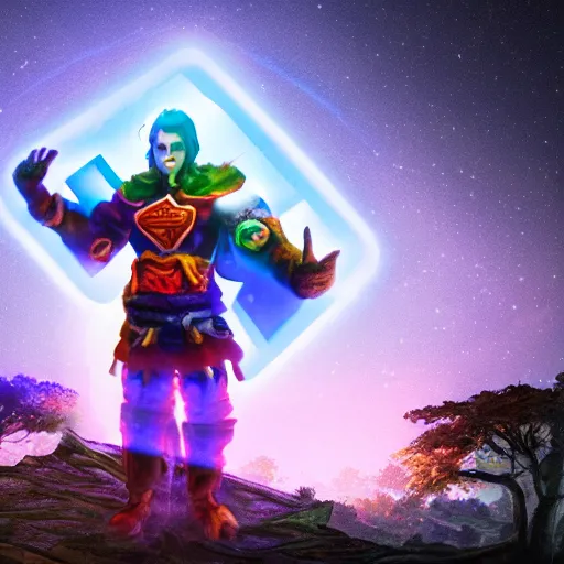 Image similar to a xanxia hero in a dark forest standing beside a glowing blue rectangle