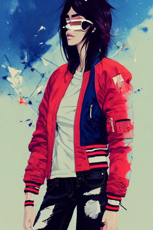 Image similar to a ultradetailed beautiful painting of a stylish woman wearing a bomber jacket, by conrad roset, greg rutkowski and makoto shinkai trending on artstation