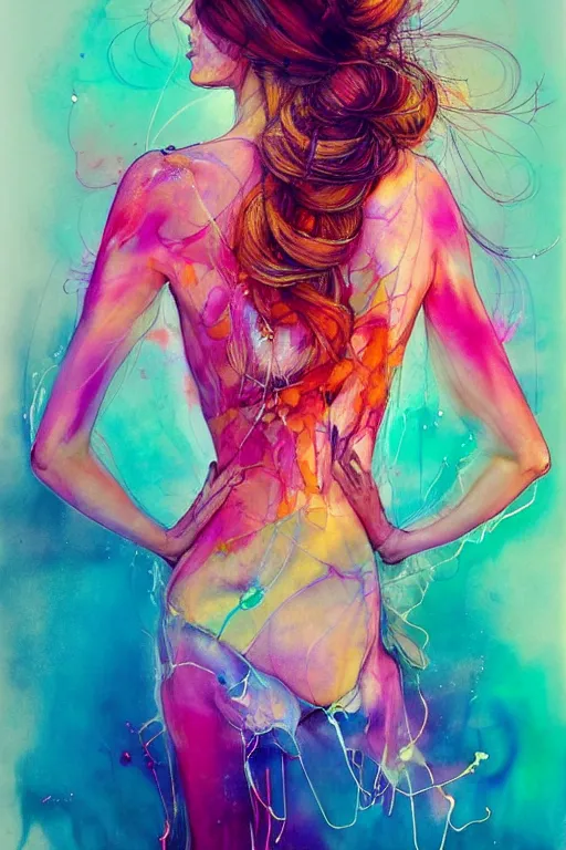 Image similar to sophia vergara by agnes cecile enki bilal moebius, intricated details, 3 / 4 back view, hair styled in a bun, bendover posture, full body portrait, extremely luminous bright design, pastel colours, drips, autumn lights