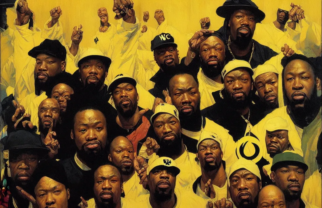 Image similar to portrait of wu - tang clan!!!!!!!!!!!!!!!!!!!!!!!!!!!, detailed face, detailed painting,, epic lighting, by ilya repin, phil hale and kent williams