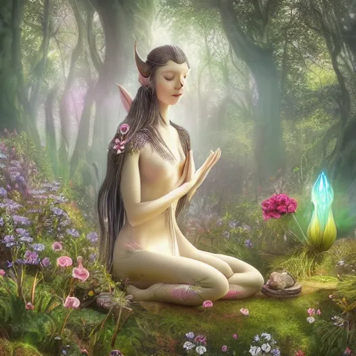 Image similar to elven princess meditating in forest, magical flowers, surrounded by fairies, beautiful face, wisps, surreal, surrealist art, digital art, trending on artstation, ultra detailed, intricate, sacred geometry, serene, beautiful, photo, realistic, perfect, smooth, light shafts, light diffusion, chromatic aberration, moebius, by moebius, peter mohrbacher