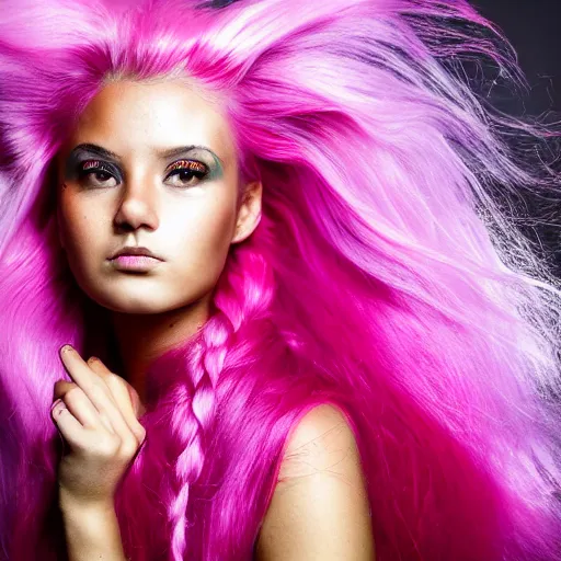 Image similar to a dramatic photo of a beautiful young woman with cotton candy hair. with a little bit of gold and red