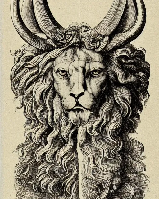 Prompt: four faces in one creature, eagle beak, lion mane, two large horns on the head, jesus face, drawn by da vinci