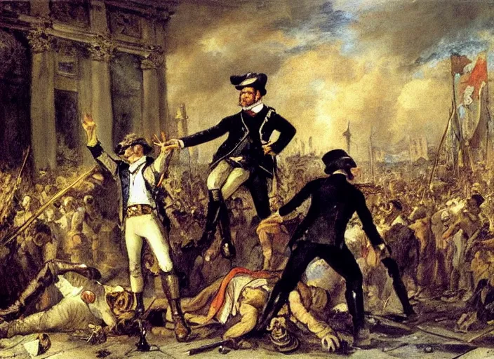 Image similar to romanticism painting of spongebob during the french revolution, by eugene delacroix