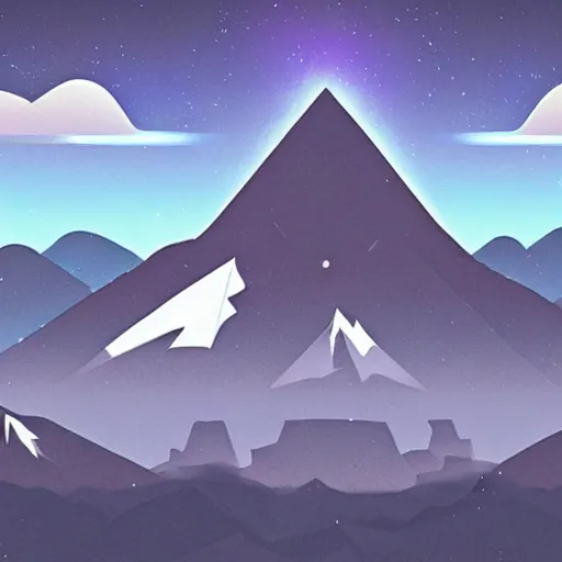Image similar to game design of a mountain with a beam of light coming out of the top and a city at the bottom of it, there is lots of random shapes in the night sky, game design