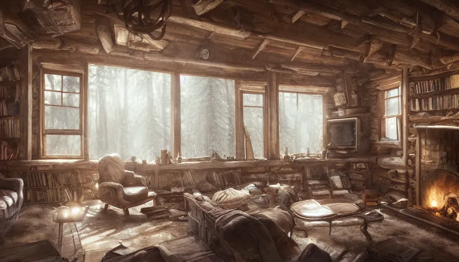 Prompt: A highly detailed matte painting of interior of old cabin, in snowy forest, fireplace, bookshelves, old couch, by Studio Ghibli, Makoto Shinkai, by Artgerm, by WLOP, by Greg Rutkowski, volumetric lighting, octane render, 4K resolution, trending on artstation, masterpiece