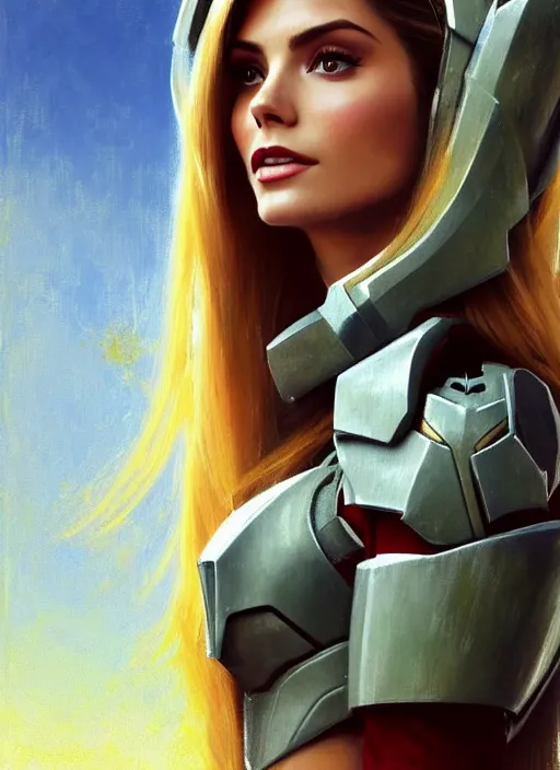Prompt: portrait of a combination of Ashley Greene, Victoria Justice and Adriana Dxim, Grace Kelly and Lily Collins with blonde hair wearing Forerunner Armor from Halo, countryside, calm, fantasy character portrait, dynamic pose, above view, sunny day, thunder clouds in the sky, artwork by Jeremy Lipkin and Giuseppe Dangelico Pino and Michael Garmash and Rob Rey and Greg Manchess and Huang Guangjian, very coherent asymmetrical artwork, sharp edges, perfect face, simple form, 100mm