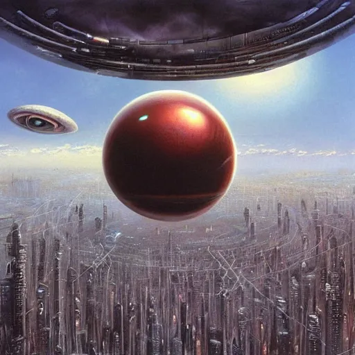 Prompt: a giant eyeball hovers above a futuristic city by Peter Gric,