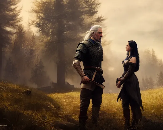 Prompt: 5 5 mm portrait photo of geralt arguing with yennefer of vengerberg. magical atmosphere. art by greg rutkowski. highly detailed 8 k. intricate. lifelike. soft light. nikon d 8 5 0.