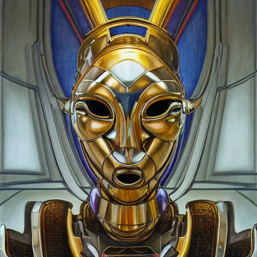 Prompt: the robot wearing her human mask, by christopher kit williams and donato giancola, symbolist, dramatic lighting, elaborate geometric ornament, art brut, god rays, soft cool colors, smooth, sharp focus, extremely detailed
