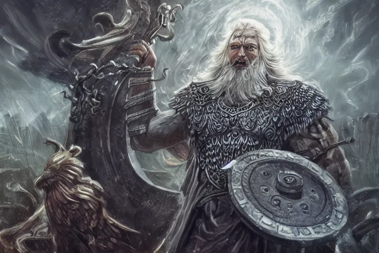 Image similar to mythological Odin all father god of thunder and artificial intelligence creating an artificial neural network with synapses on an anvil in the ethereal city of valhalla, high resolution, award winning art, trending on art station, sharp image, incredibly detailed, odin all father detailed character, realistic painting