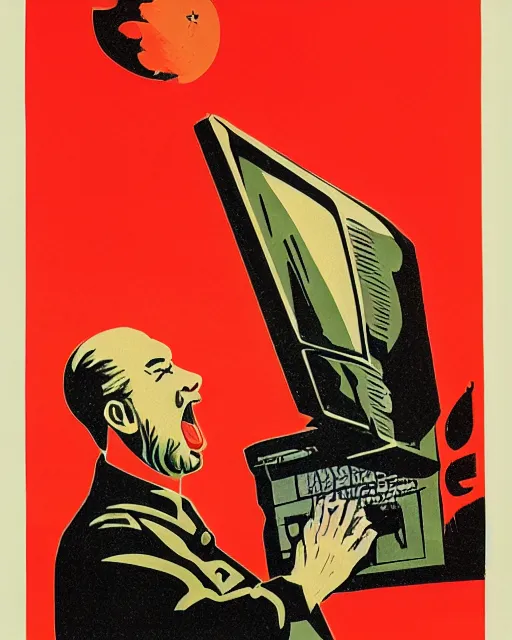 Image similar to soviet propaganda poster of an angry communist developer yelling at his computer