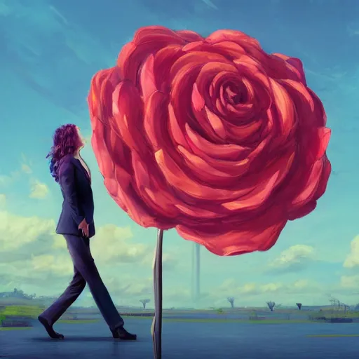 Image similar to portrait, giant rose flower head, girl in a suit, surreal photography, sunrise, blue sky, dramatic light, impressionist painting, digital painting, artstation, simon stalenhag