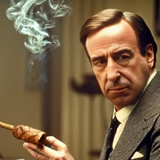 Prompt: A still of Saul Goodman smoking a cigar in the Godfather (1972)