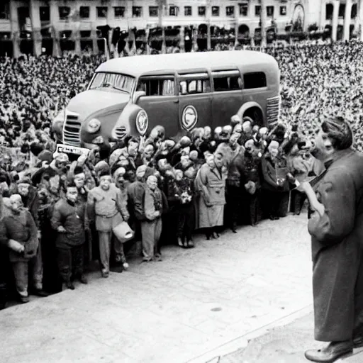 Prompt: joseph stalin delivers an official speech in front of government officials in a crowd standing on a blue vw bus