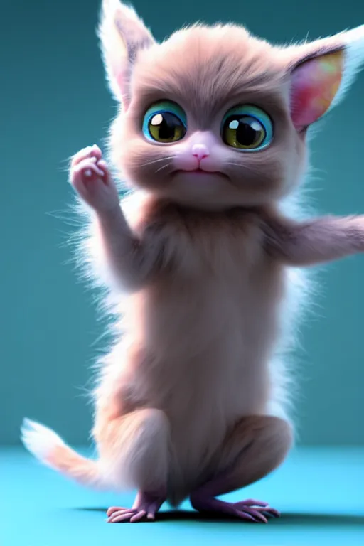 Prompt: high quality 3 d render hyperrealist very cute multipastel fluffy! one - eyed cat tarsier hybrid with detailed fluffy wings!!, vray smooth, in the style of detective pikachu, hannah yata charlie immer, dramatic blue light, low angle, uhd 8 k, sharp focus