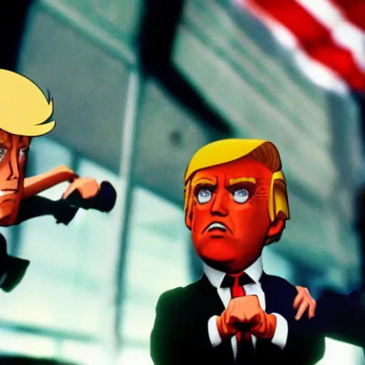 Prompt: Anime of Donald Trump and Joe Biden throwing punches, cinestill, 800t, 35mm, full-HD