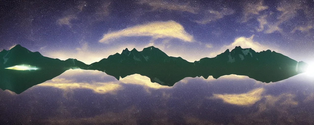 Prompt: night reality warping mirror dimension nature Mountain In the art style of Philip Hyde-H 576