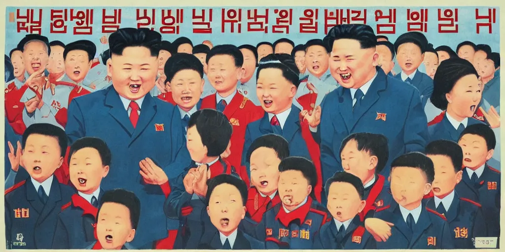 Image similar to north korean propaganda poster with children surrounding dear leader and generals crying in the background