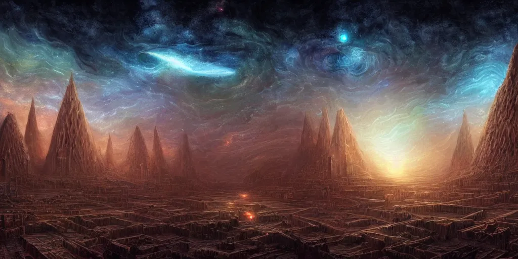 Prompt: an digital painting of the sumerian city surrounded by nebula wall, collosal sculpture of faceless god in the middle, lovecraft style, intricate details, detailed sky, starry night, artstation, epic scenery, colourful sky, cinematic, by marco bucci and marc simonetti