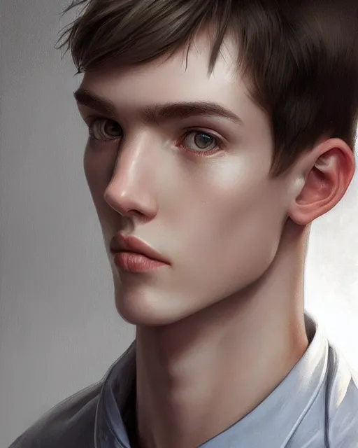 Image similar to portrait of 1 5 - year - old boy, a tall, slender boy with a pale, pointed face, sleek blond hair, and ice grey eyes, cold grey eyes, highly detailed, digital painting, artstation, concept art, smooth, sharp focus, illustration, art by artgerm and greg rutkowski and alphonse mucha