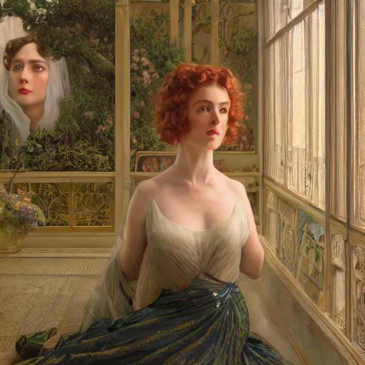 Image similar to a very detailed portrait painting of Vesper Lynd, a very detailed french room, a very detailed dramatic rainy sky, light particles, environment drawn by Donato Giancola and Tom Bagshaw, Edmund Leighton, character design by Alphonse Mucha, 4k, volumetric lighting, french nouveau, komorebi, award winning, octane render, hyperrealistic