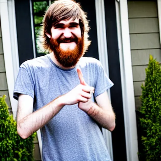 Image similar to bearded long - haired bo burnham outside of his house, smiling and dancing