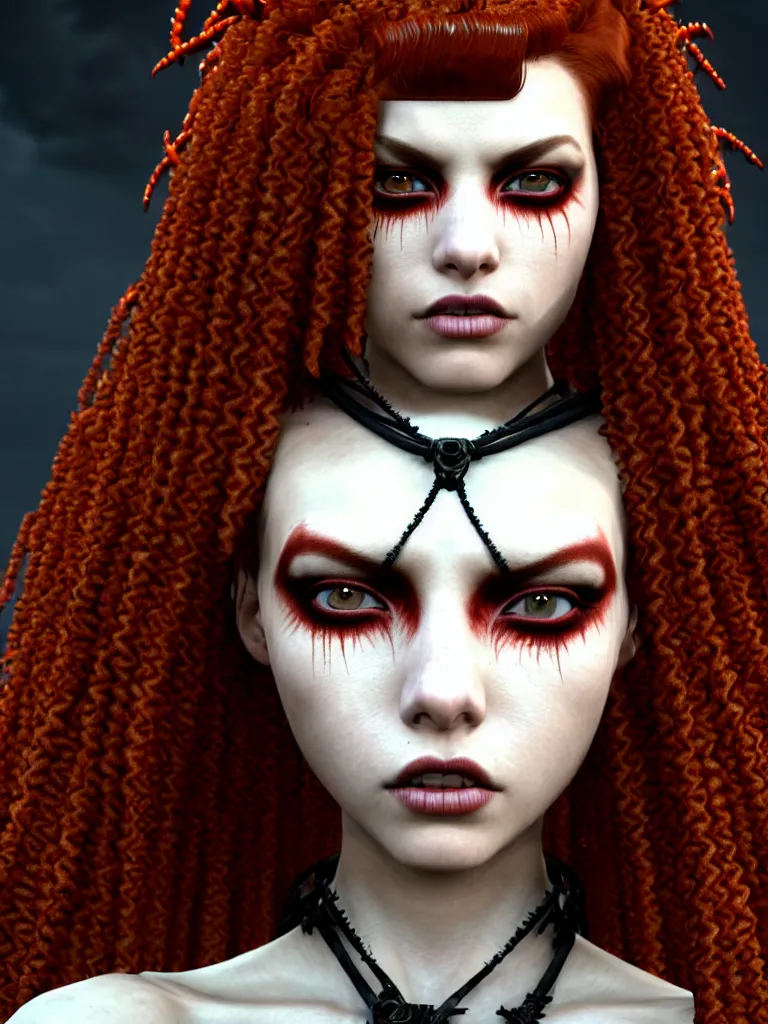Prompt: a single fierce looking beautiful young woman with curly red hair and symmetrical white makeup, strapped with black rope, wearing an intricate headdress made from bones and leather, painted by makoto shinkai, intricate linework, unreal engine 5 highly rendered, global illumination, radiant light, detailed and intricate environment