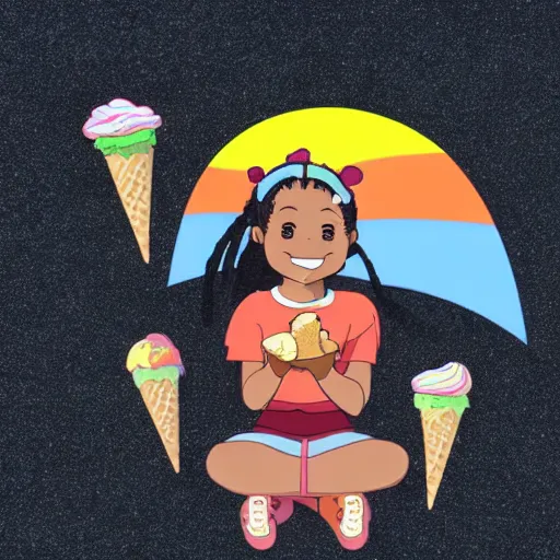 Prompt: a little 👧🏾 girl with dreads eating ice cream smiling, sitting on top of a rainbow, studio ghibli style