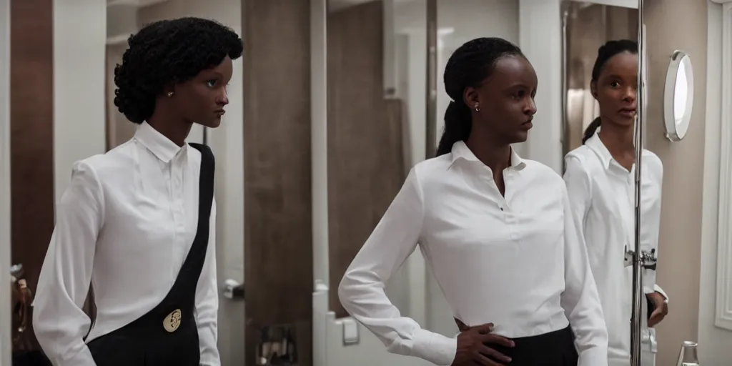 Image similar to ultra wide angle photo of jodie turner - smith dressed in a white blouse and black dress pants as diana prince looking at herself in a bathroom mirror and seeing her reflection as wonder woman