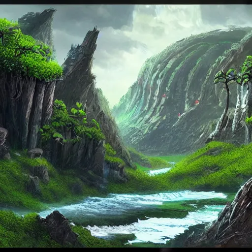 Image similar to epic concept art of a lush natural scene on an alien planet. very detailed. beautiful landscape. weird vegetation. cliffs and water. featured on deviantart.