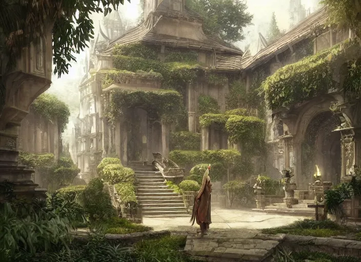 Image similar to A wide open courtyard in a beautiful elven city made of ivory, anime, lush trees, fountain, a fantasy digital painting by Greg Rutkowski and James Gurney, trending on Artstation, highly detailed