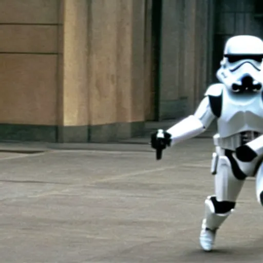 Image similar to mr bean in star wars, running away from storm troopers firing lasers