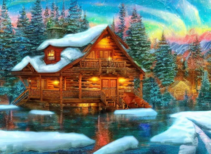 Image similar to beautiful cabin on a lake in the winter, 8 k, matte painting, in the style of artist, josephine wall